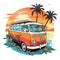 Retro surf van carrying surfboards at the beach palm trees sunset Generative AI