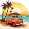 Retro surf van carrying surfboards at the beach palm trees sunset Generative AI