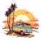 Retro surf van carrying surfboards at the beach palm trees sunset Generative AI