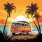 Retro surf van carrying surfboards at the beach palm trees sunset Generative AI