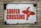Retro Surfer Crossing Sign On Wooden Background