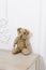 Retro Teddy Bear toy alone on white cupboard