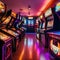 A retro-themed arcade with classic pinball machines, arcade cabinets, and neon lights2