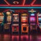 A retro-themed arcade with classic pinball machines, arcade cabinets, and neon lights3