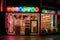 retro-themed store, with merchandise displayed on the exterior and colorful lights shining at night