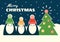 Retro three penguins and christmas tree