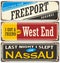 Retro tin sign collection with Bahamas cities