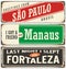Retro tin sign collection with Brazil city names