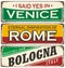 Retro tin sign collection with cities in Italy