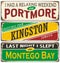 Retro tin sign collection with Jamaica cities