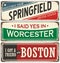 Retro tin sign collection with USA city names