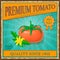 Retro tomato vintage advertising poster. label or banner with red ripe tomato fruits, green leaves in vintage style