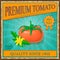 Retro tomato vintage advertising poster. vector label or banner with red ripe tomato fruits, green leaves in vintage style. square