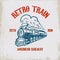 Retro train. Vintage locomotive illustration on grunge background. Design element for poster, emblem, sign, t shirt.