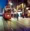 Retro tram on Istiklal street at night, Istanbul.