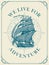 Retro travel banner with sailing ship and wind rose