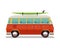 Retro travel red van icon. Surfer van. Vintage travel car. Old classic camper minivan. Retro hippie bus. Vector