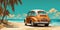 retro trip vacation summer vintage travel road beach car tropical. Generative AI.