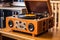 retro turntable with wooden case and speakers