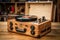 retro turntable with wooden case and speakers