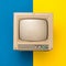 Retro TV on yellow and blue background. Vintage electronics.