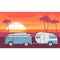 Retro van with camper trailer and evening sea beach