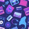 Retro vector seamless pattern with music listening recording devices, realistic boom box, cassette recorder, 90s disco