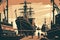 Retro vector style Illustration of a Quaint Dockyard with Old-fashioned Ships