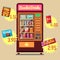 Retro vector vending machine with snacks and drinks flat icons