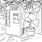 Retro vending machine under wisteria flowers coloring page