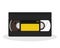 Retro video cassette with black and yellow sticker isolated on a white background. Vintage style movie storage icon.