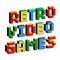 Retro video games text in style of old 8-bit games. Vibrant colorful 3D Pixel Letters. Creative digital vector poster