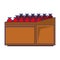 Retro videogame tomatos in wooden stand pixelated cartoon blue lines