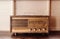 Retro vinatge radio Antique radio on white wooden background