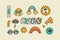 Retro vintage 70s 80s groovy element set, cute funky hippy sticker collection