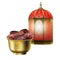 Retro vintage arabic burning lantern with oriental ornament and bowl with dried dates. Vector realistic 3D image isolated on white