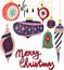 Retro vintage art beautiful artistic Scandinavian graphic lovely holiday new year collage pattern Christmas tree toys vector