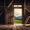 Retro vintage barn and opened door with nature landscape view, created with generative AI technology