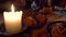 Retro vintage candle light and medieval food on the wooden table in the dark