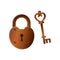 Retro vintage closed bronze metal lock with old key