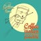 Retro Vintage Coffee Background for Greeting Card, Poster with superhero character