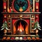 Retro vintage fireplace, warm hearth in home, art deco style illustration