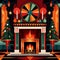 Retro vintage fireplace, warm hearth in home, art deco style illustration