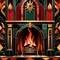 Retro vintage fireplace, warm hearth in home, art deco style illustration