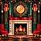 Retro vintage fireplace, warm hearth in home, art deco style illustration