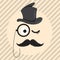 Retro, vintage gentleman in a hat cylinder with mustache and monocle icon on light coloured background