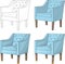 Retro vintage pastel blue armchair sketch set. Vector illustration in black and white and color.