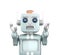 Retro vintage robot raising hands and looks sorrow