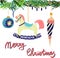 Retro vintage Scandinavian graphic lovely winter holiday new year collage pattern Christmas tree toys and rocking horse vector