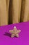 Retro vintage scene with a golden Christmas decorative star on a purple background against a golden curtain. Creative luxury